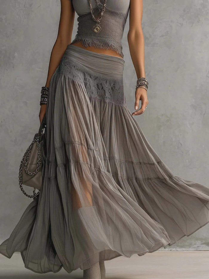 🧶Solid Mesh Spliced Two-Piece Set | Round Neck Knit Top & Flowy Chiffon Long Skirt