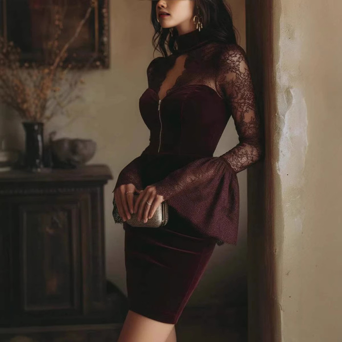 🖤Lace Velvet Patchwork Mini Dress | Flare Sleeve Zip-Up Slim Dress