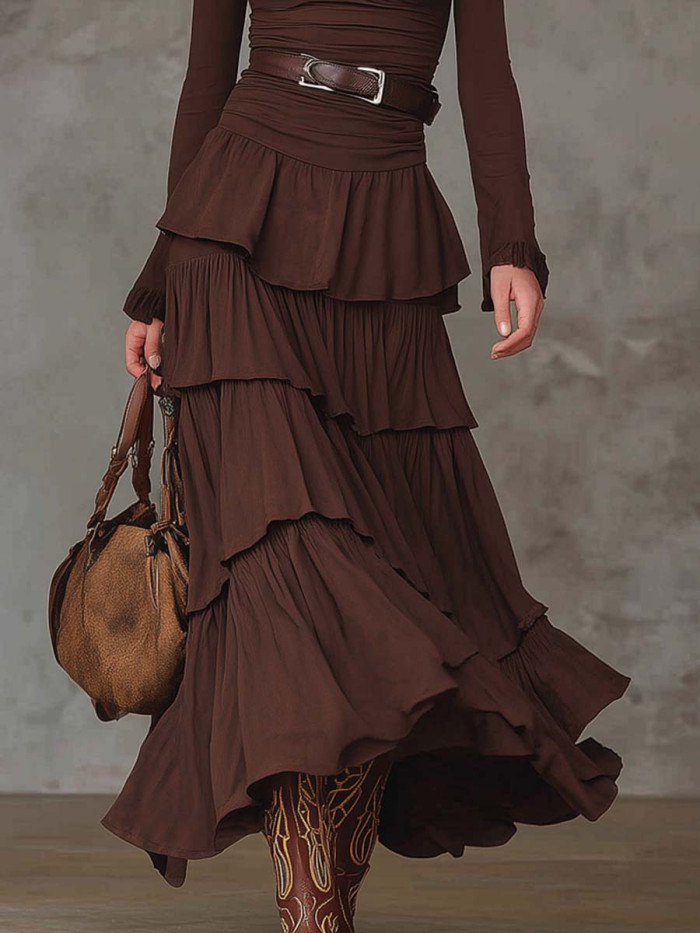 🤎French Retro Maillard Brown V-neck Cake Maxi Dress with Belt