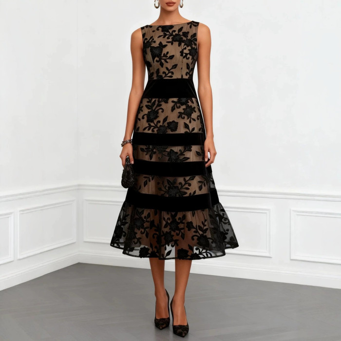 🖤Black Mesh Velvet Jacquard Panel Evening Dress for Spring & Summer
