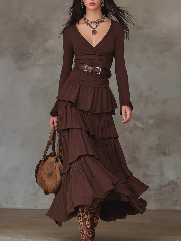 🤎French Retro Maillard Brown V-neck Cake Maxi Dress with Belt