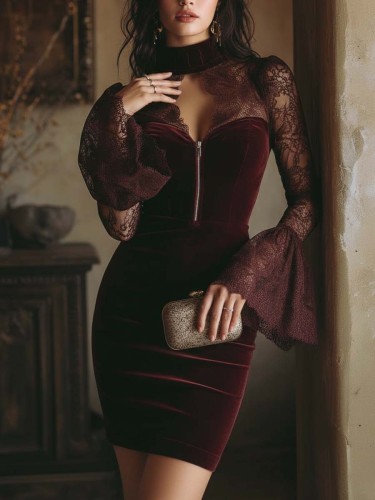 🖤Lace Velvet Patchwork Mini Dress | Flare Sleeve Zip-Up Slim Dress