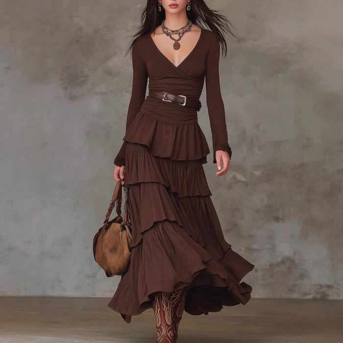 🤎French Retro Maillard Brown V-neck Cake Maxi Dress with Belt
