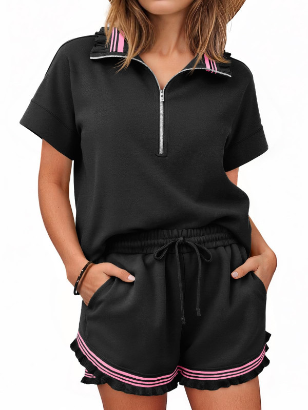 🌤️Stand Collar Short Sleeve Two-Piece Outfit | Summer Casual Top & Elastic Waist Shorts