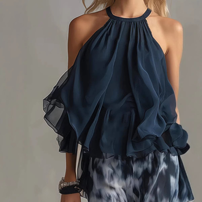 ✨Navy Blue Halter Chiffon Two Piece | Printed Wide Leg Pants Casual Summer Look🌿