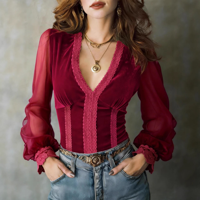 🤎Elegant Velvet Pullover | Deep V Sheer Mesh Long Sleeve Women’s Blouse✨