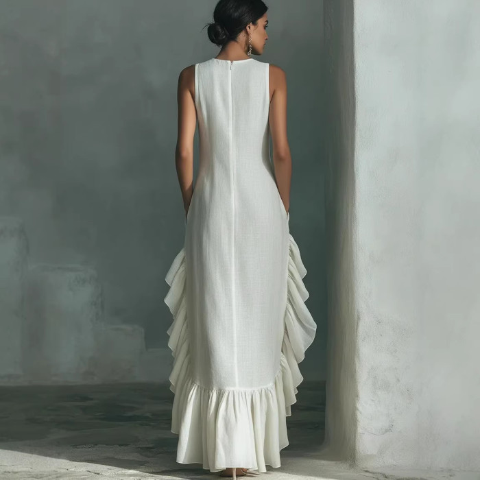 🤎Retro Solid Tank Maxi Dress | O-Neck Ruffle Hem Summer Beach Sundress✨