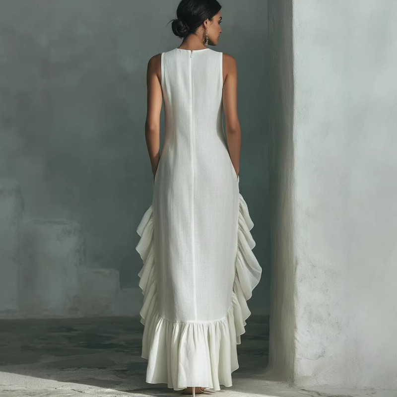 🤎Retro Solid Tank Maxi Dress | O-Neck Ruffle Hem Summer Beach Sundress✨