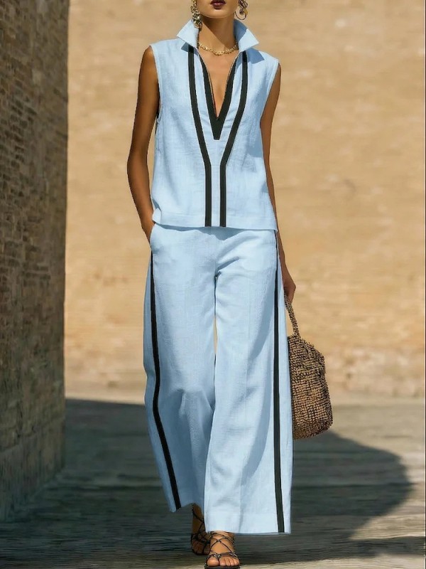 🌼Summer Women Two Piece Outfit | Deep V Lapel Solid Shirt Wide Leg Pants Set🤍