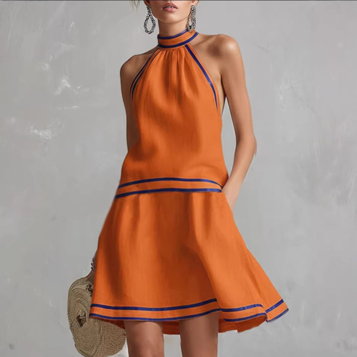🤍Contrast Color Halter Mini Dress | Off Shoulder A-Line Y2K Vacation Party Outfit✨