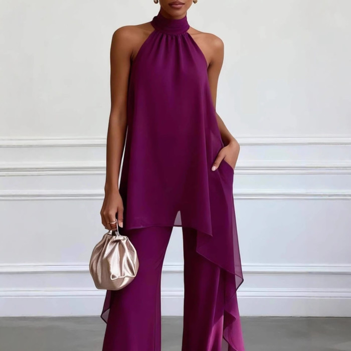 🤍Halter Chiffon 2 Piece Set | Asymmetrical Top Wide Leg Pants Office Party Outfit✨