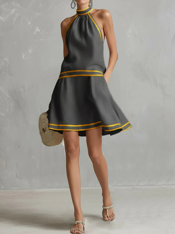 🤍Contrast Color Halter Mini Dress | Off Shoulder A-Line Y2K Vacation Party Outfit✨
