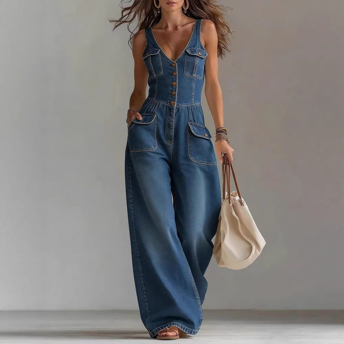 🤍Denim Suspender Jumpsuit | Sleeveless Straight Leg Party Street Outfit✨