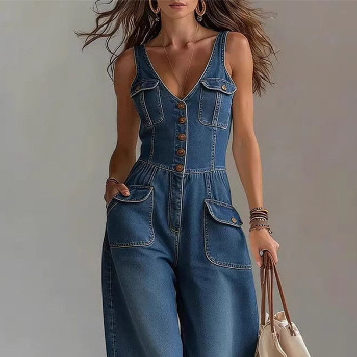 🤍Denim Suspender Jumpsuit | Sleeveless Straight Leg Party Street Outfit✨