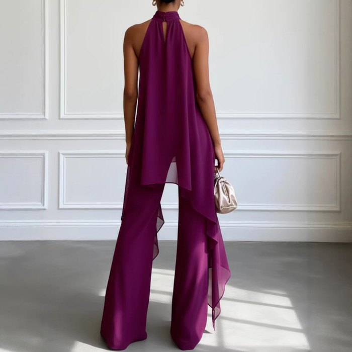 🤍Halter Chiffon 2 Piece Set | Asymmetrical Top Wide Leg Pants Office Party Outfit✨