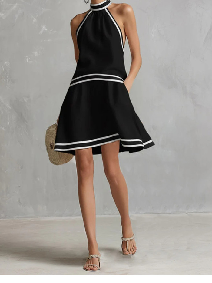 🤍Contrast Color Halter Mini Dress | Off Shoulder A-Line Y2K Vacation Party Outfit✨