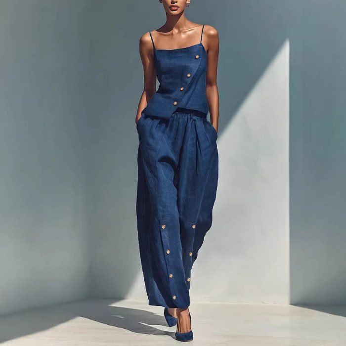 🌿Summer Street Two Piece Outfit | Asymmetry Cami Top Wide Leg Pants Set🤍