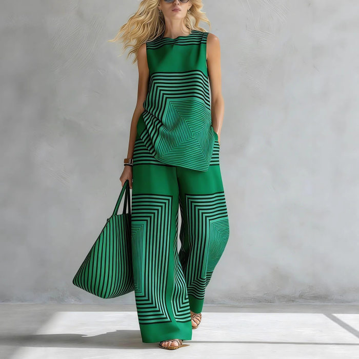 🤎Striped Two Piece Suit | Asymmetrical Hem O-Neck Vest & Wide Leg Pants✨