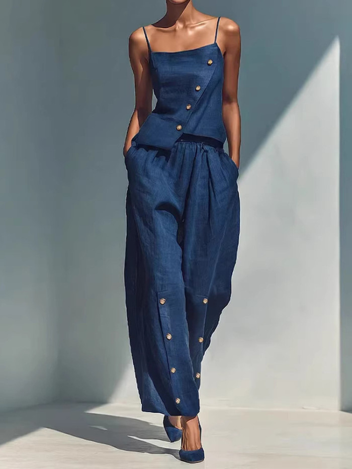 🌿Summer Street Two Piece Outfit | Asymmetry Cami Top Wide Leg Pants Set🤍