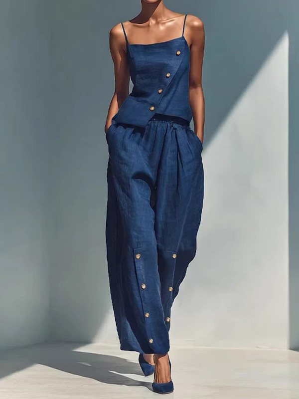 🌿Summer Street Two Piece Outfit | Asymmetry Cami Top Wide Leg Pants Set🤍