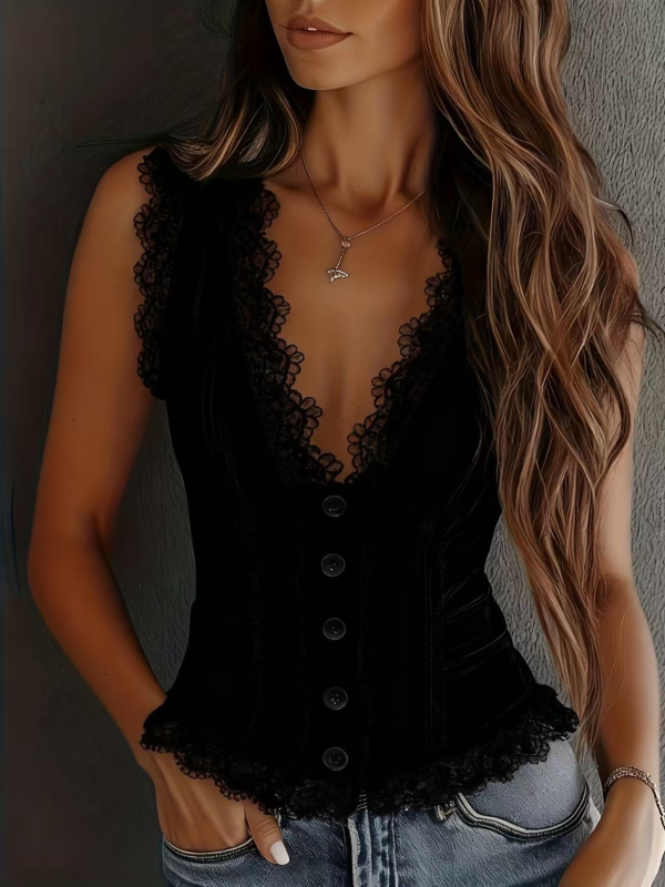 🖤Elegant Single Breasted PU Vest | Deep V Lace Patchwork Sleeveless Coat🌙
