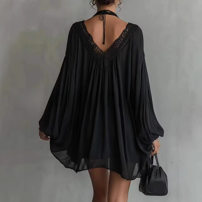 🌊Lace Trim Deep V Chiffon Dress | Flare Sleeve Halter Beach Coverup🖤