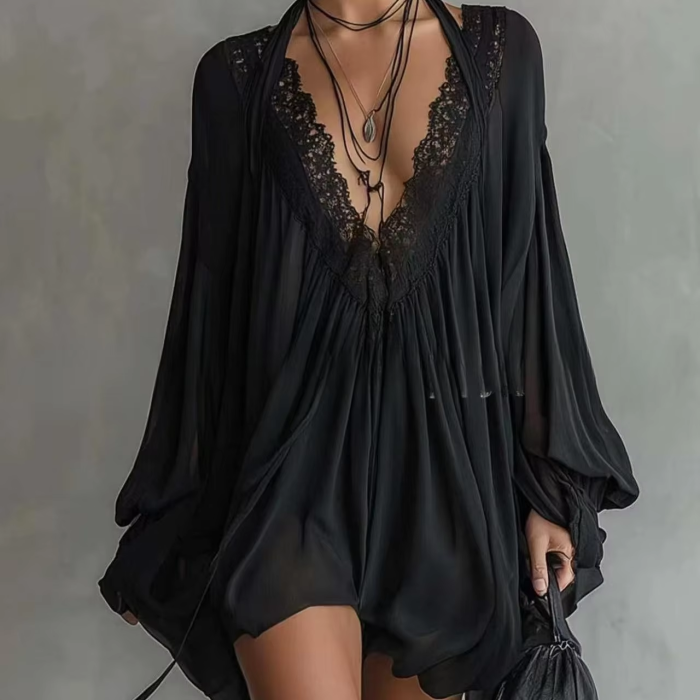 🌊Lace Trim Deep V Chiffon Dress | Flare Sleeve Halter Beach Coverup🖤
