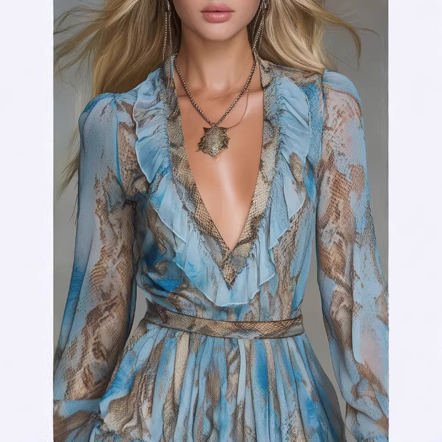 ✨Ruffle Trim Snake Print Dress | Long Sleeve A-Line Vacation Style🐍