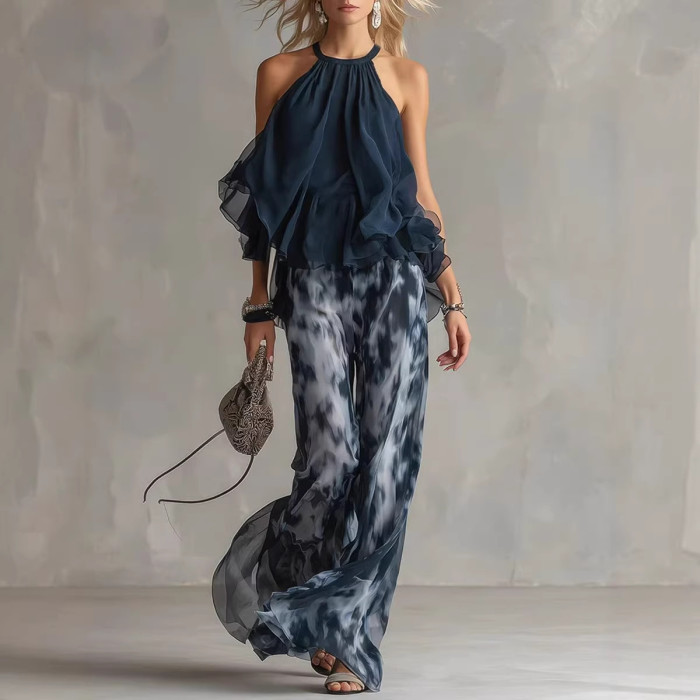 ✨Navy Blue Halter Chiffon Two Piece | Printed Wide Leg Pants Casual Summer Look🌿