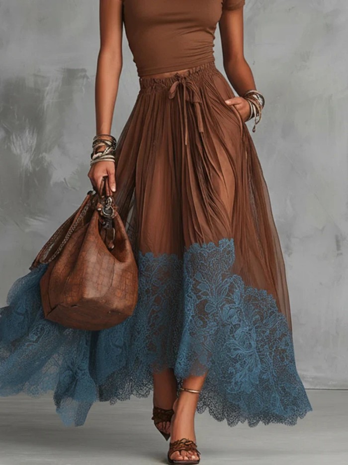🌿Slim Fit Two Piece Set | Lace Spliced Top Elastic High Waist Maxi Skirt🤍