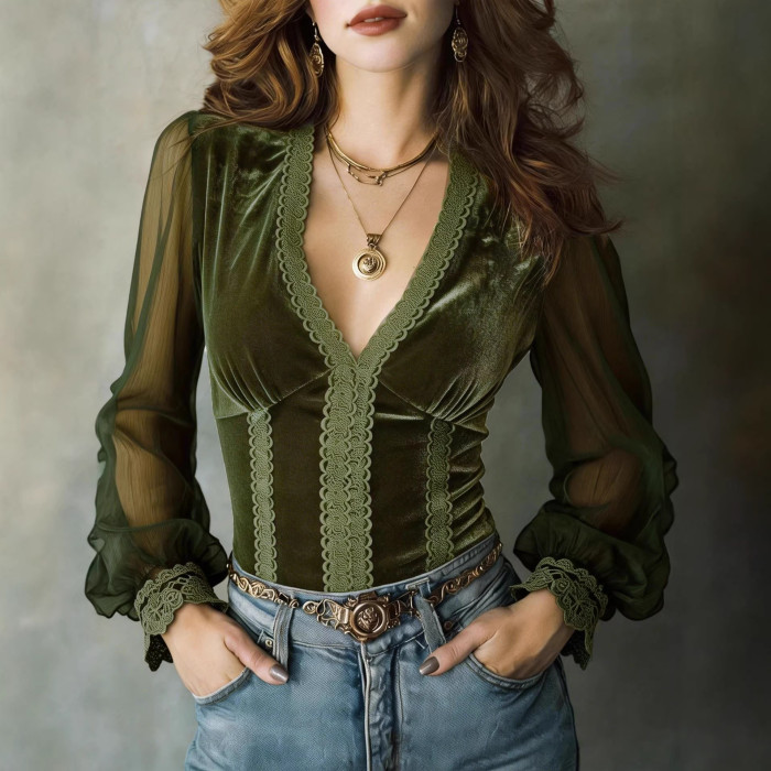 🤎Elegant Velvet Pullover | Deep V Sheer Mesh Long Sleeve Women’s Blouse✨