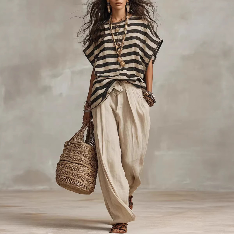 🌼Casual Striped Two Piece Outfit | Short Sleeve Top Wide Leg Pants Set🤍