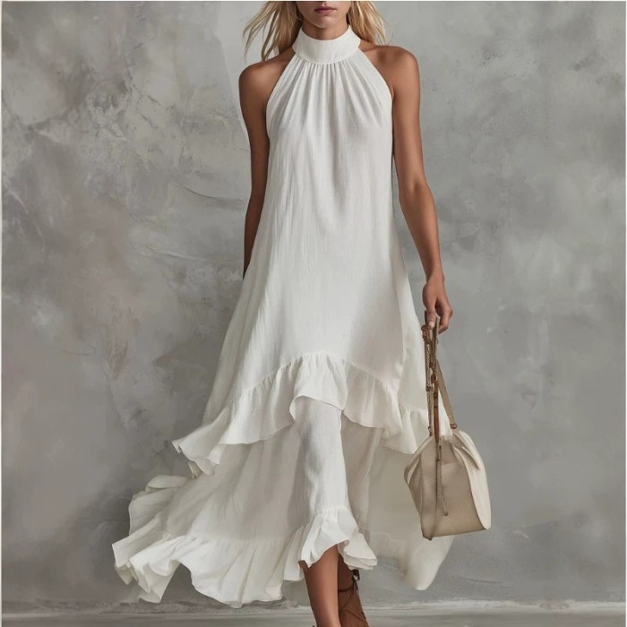 🤍Summer Casual Beach Dress | Vintage Sleeveless Ruffle White Midi for Seaside Walks💫