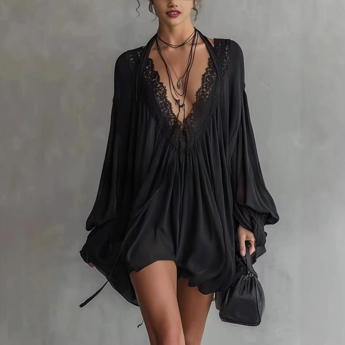 🌊Lace Trim Deep V Chiffon Dress | Flare Sleeve Halter Beach Coverup🖤