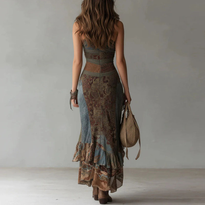 🌸One Shoulder Retro Print Maxi Dress | Ruched High Split Ruffle Hem Boho Party Outfit✨