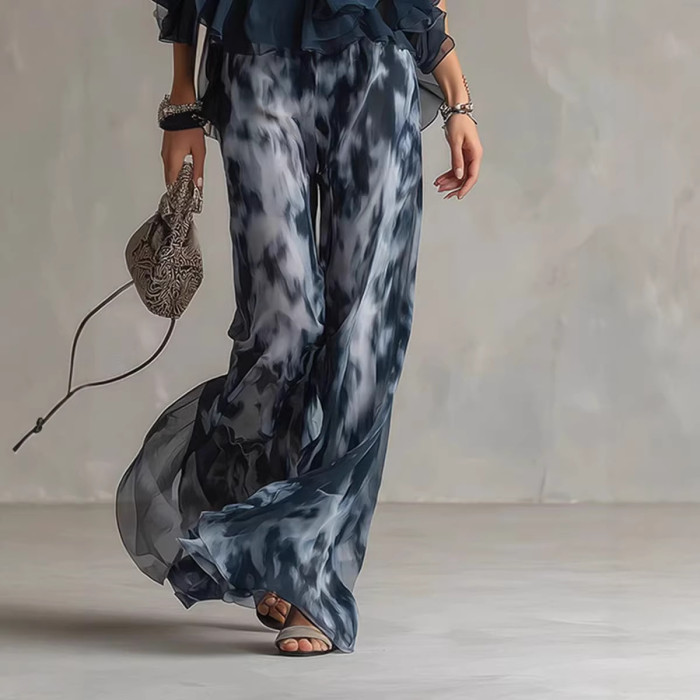 ✨Navy Blue Halter Chiffon Two Piece | Printed Wide Leg Pants Casual Summer Look🌿
