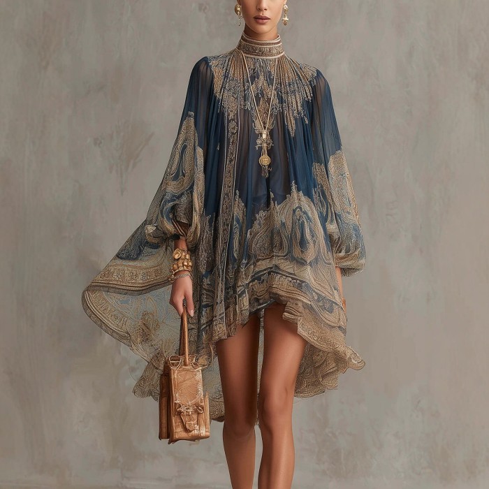 🤎Turtleneck Printed Chiffon Dress | Long Sleeve Shawl Loose European Vacation Outfit✨