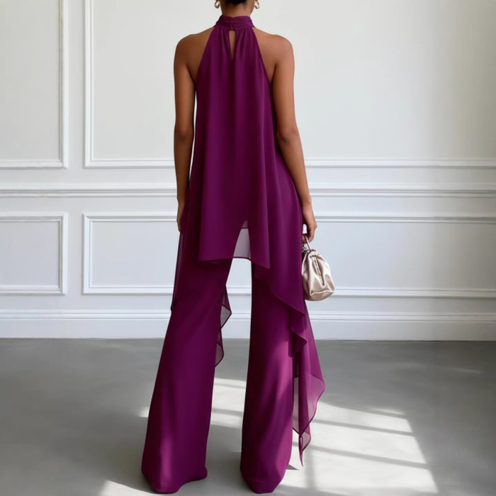🤍Halter Chiffon 2 Piece Set | Asymmetrical Top Wide Leg Pants Office Party Outfit✨