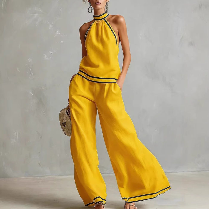 🌼Summer Casual Two Piece Outfit | Contrast Trim Halter Sleeveless Top Wide Leg Pants Set🤍