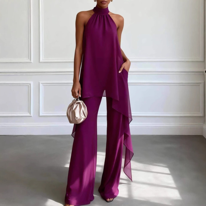 🤍Halter Chiffon 2 Piece Set | Asymmetrical Top Wide Leg Pants Office Party Outfit✨