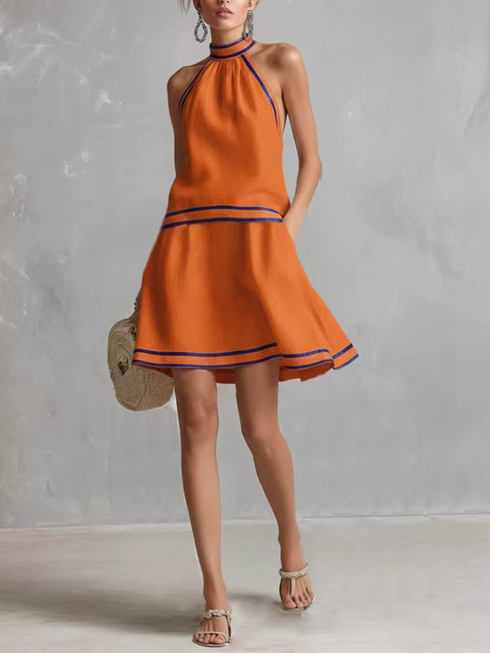 🤍Contrast Color Halter Mini Dress | Off Shoulder A-Line Y2K Vacation Party Outfit✨