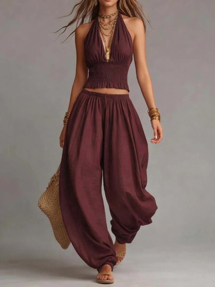 🌾Solid Cotton Linen Wide Leg Pant Two-Piece Set | Daily & Commute Outfit