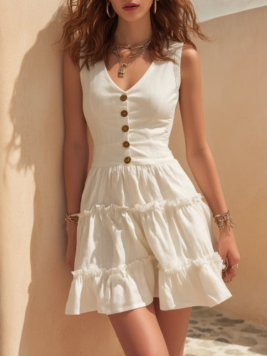 🌾Sleeveless Linen Button Down Shift Mini Dress | Daily Casual & Weekend Outfit