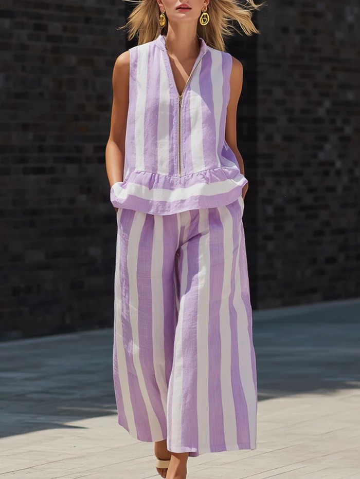 ⚪Striped Zip Collar Sleeveless Top & Trouser Two-Piece Set | Office & Daily Outfit