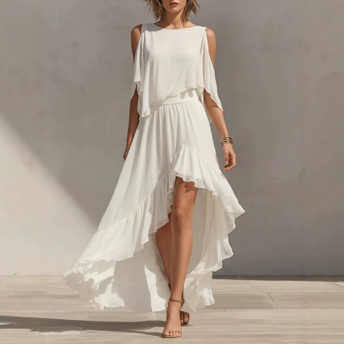 🤍White Ruffled Round Neck Flowy Maxi Dress | Beach & Vacation Outfit