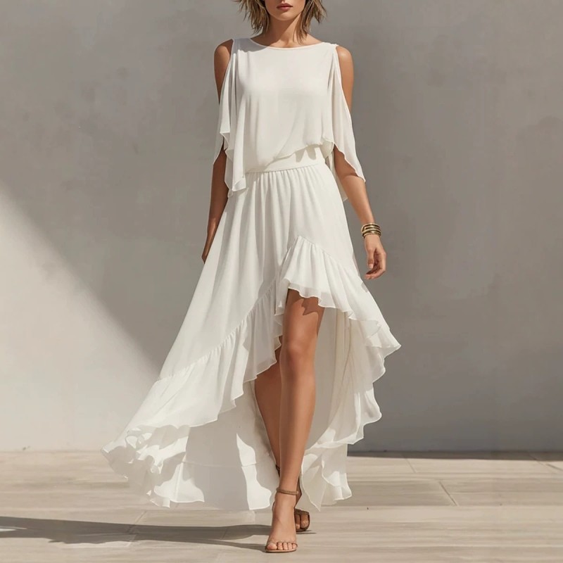 🤍White Ruffled Round Neck Flowy Maxi Dress | Beach & Vacation Outfit