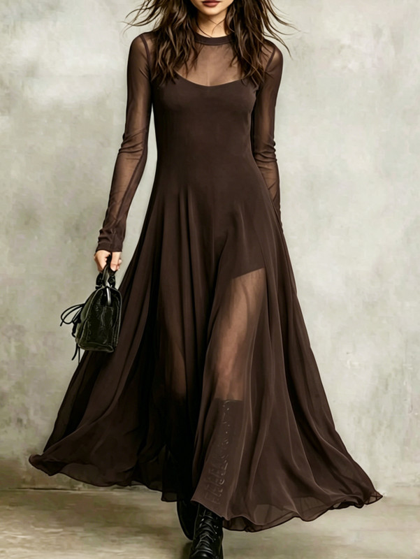 🖤Solid Mesh Spliced Two-Piece Maxi Dress | Party & Dating Outfit