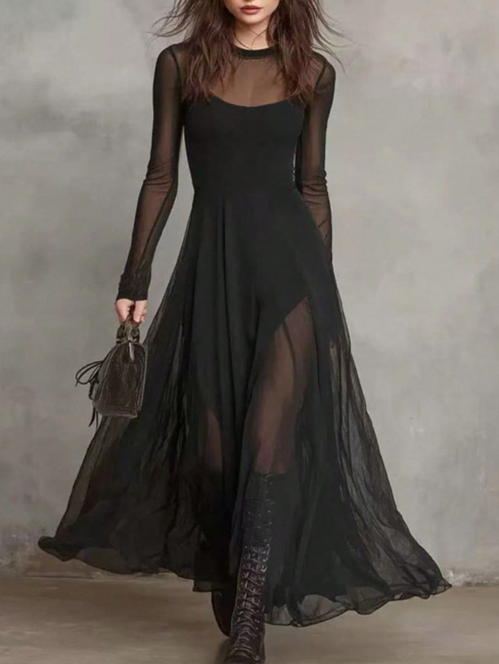 🖤Solid Mesh Spliced Two-Piece Maxi Dress | Party & Dating Outfit