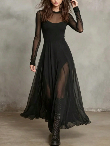 🖤Solid Mesh Spliced Two-Piece Maxi Dress | Party & Dating Outfit