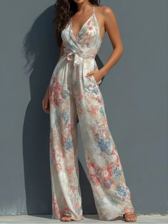 ✨ Looking for a chic jumpsuit? This halter deep V printed style is your perfect pick.